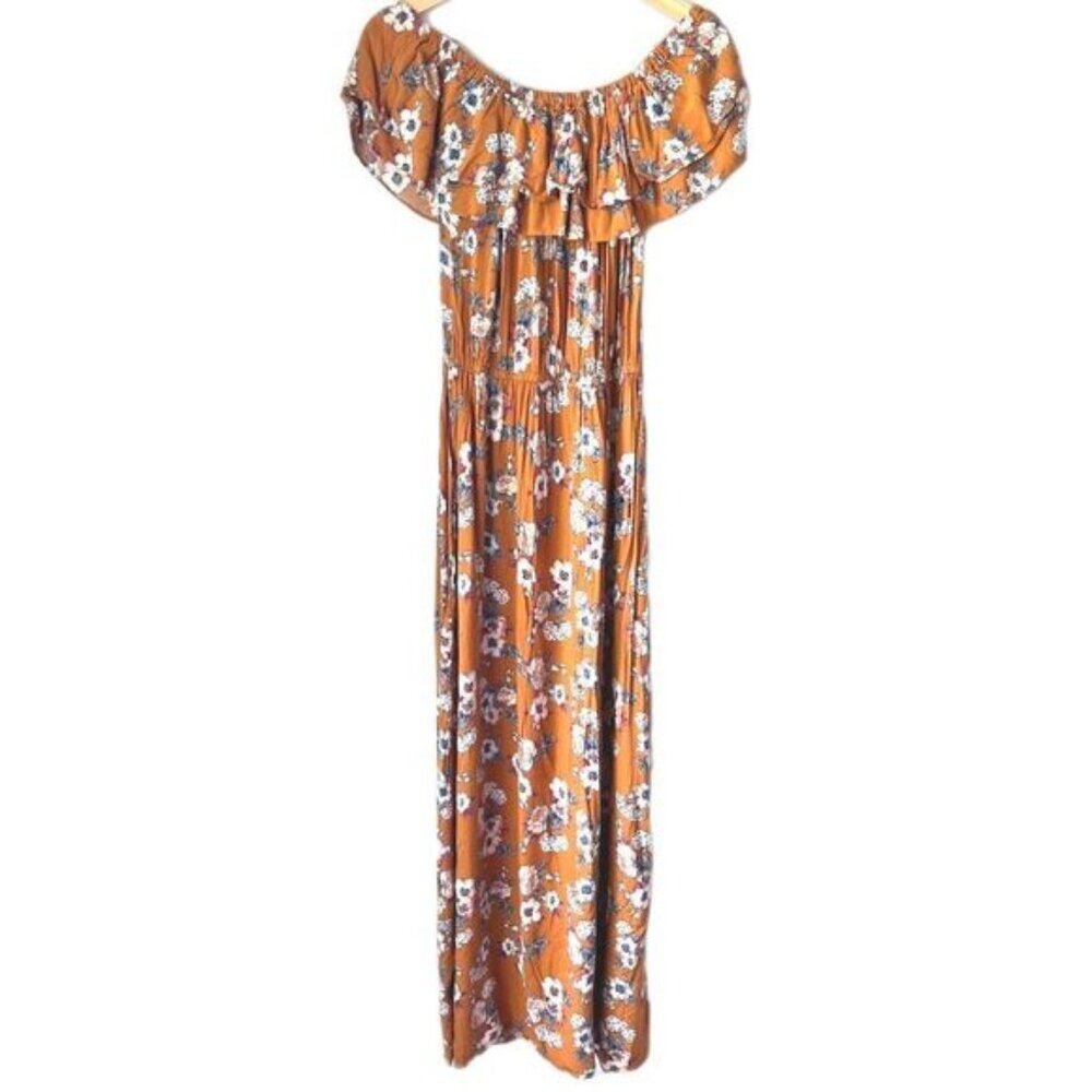 Candalite Dress romantic floral maxi off the shoulder ruffled fresh yellow XL.